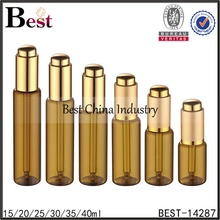 Chinese wholesale
 brown tube glass bottle gold press dropper top 15/20/25/30/35/40ml Manufacturer in Hyderabad
