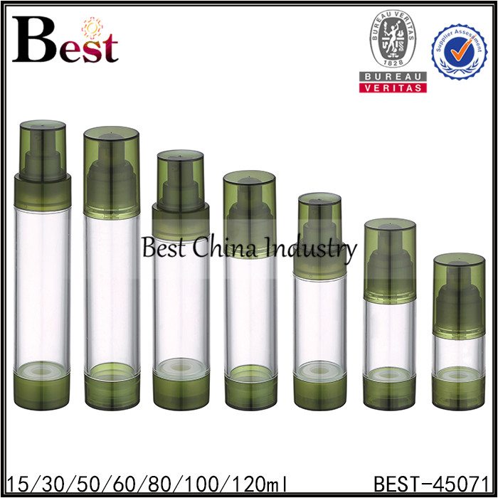 Best Price for
 clear airless pump bottle, green tops and bottom 15/30/50/80/100/120ml Factory from Tajikistan